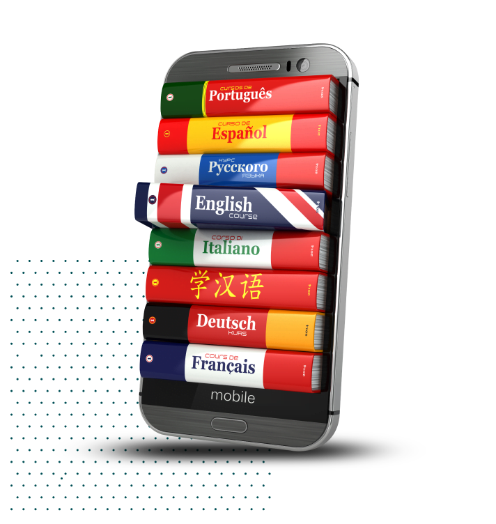 A mobile phone with language phrase books on the screen, representing Digital Trails’ tailor-made approach in different markets.